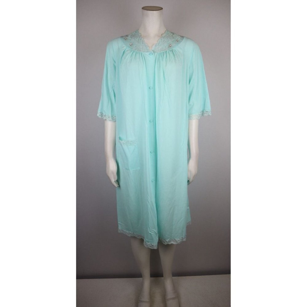 SHADOWLINE - VINTAGE MINT GREEEN NYLON NIGHTGOWN HOUSE DRESS - SIZE S